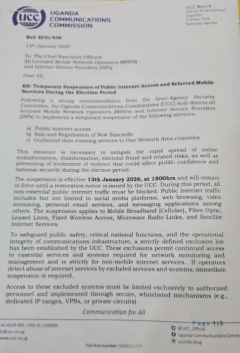 هيئة الاتصالات الأوغندية تحدد موعد تعليق خدمة الإنترنت